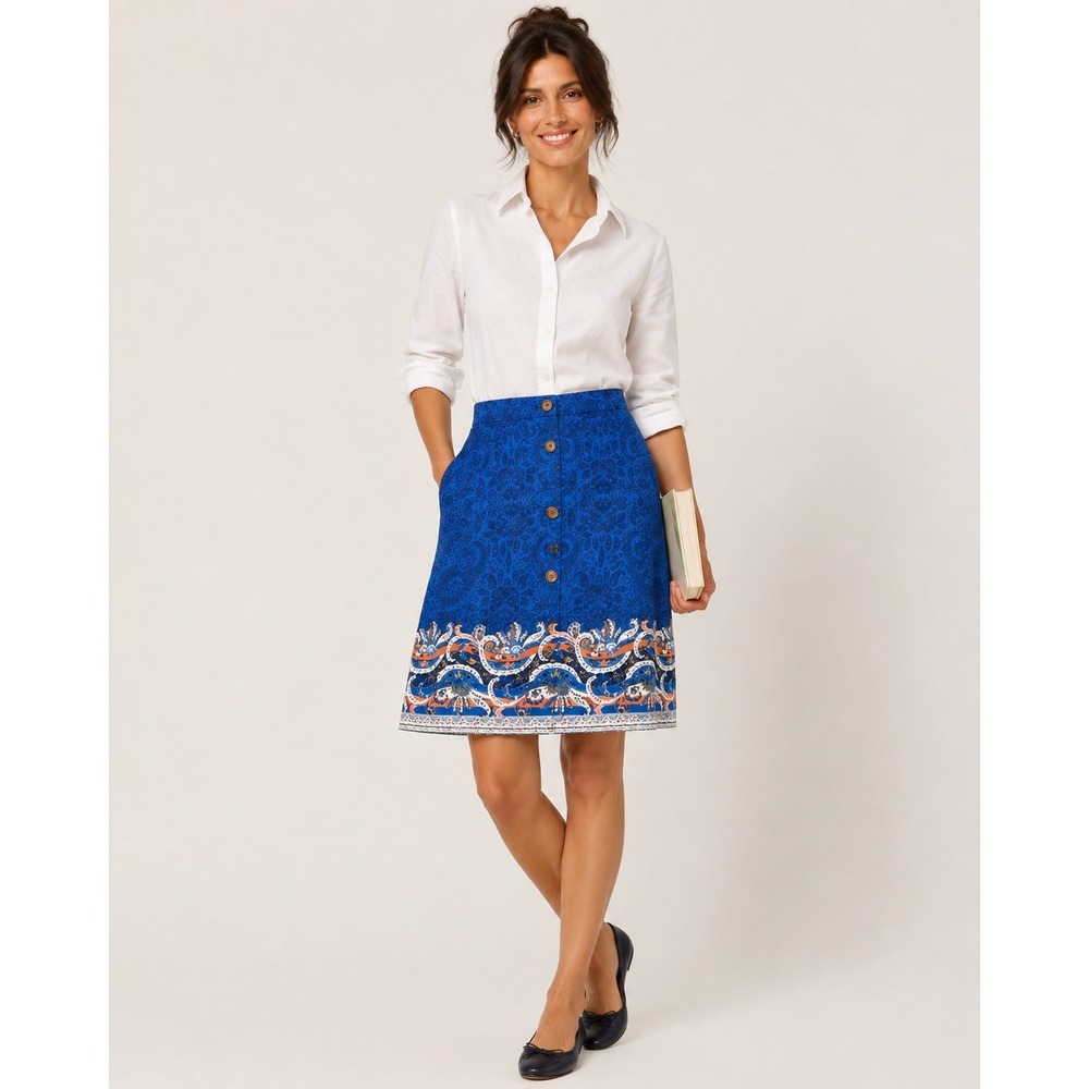Lands' End Women Skirt 6 Blue Paisley Button Front Boho Preppy A-Line Career